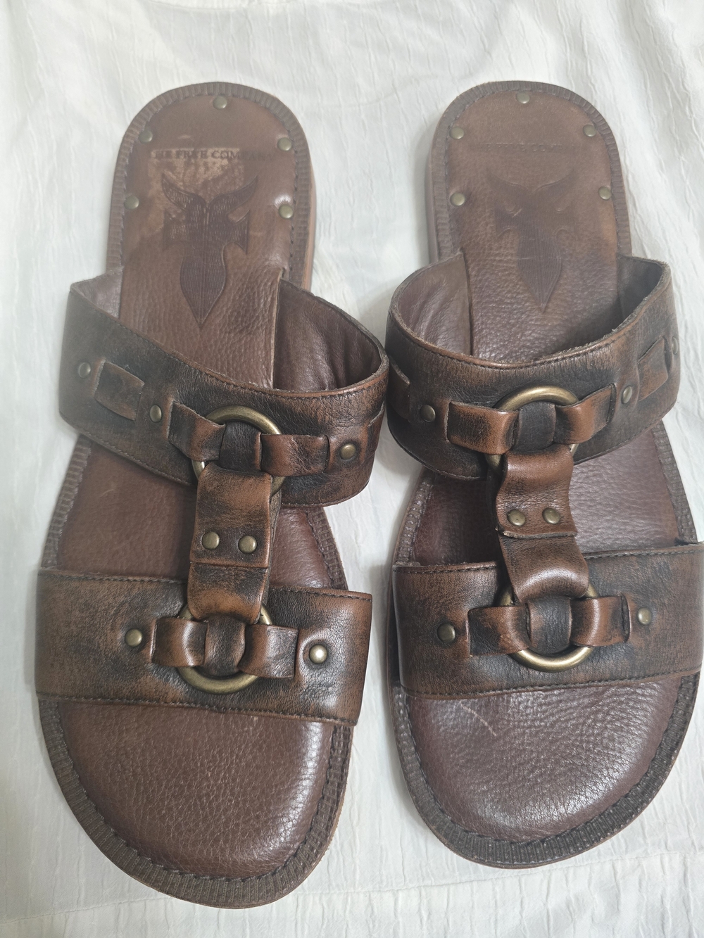 Frye Brown Leather Men’s Size 10 Slide Sandals with Brass Rings